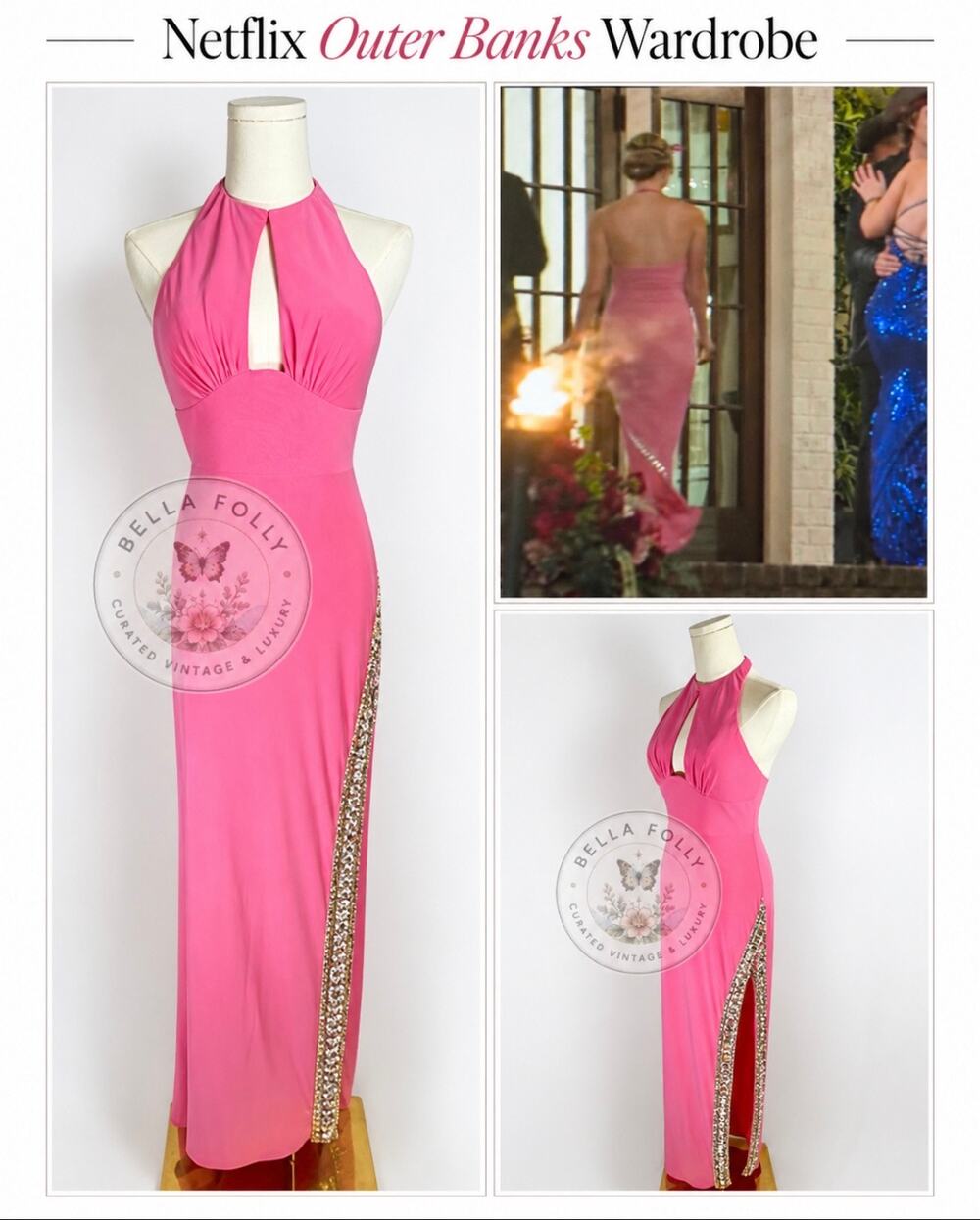 Mac Duggal Halter Neck Beaded Rhinestone Slit Detail Gown Dress 4 Outer Banks S5
